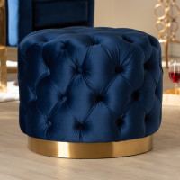 Baxton Studio TSFOT030-Dark Royal Blue/Gold-Otto Valeria Glam Royal Blue Velvet Fabric Upholstered Gold-Finished Button Tufted Ottoman